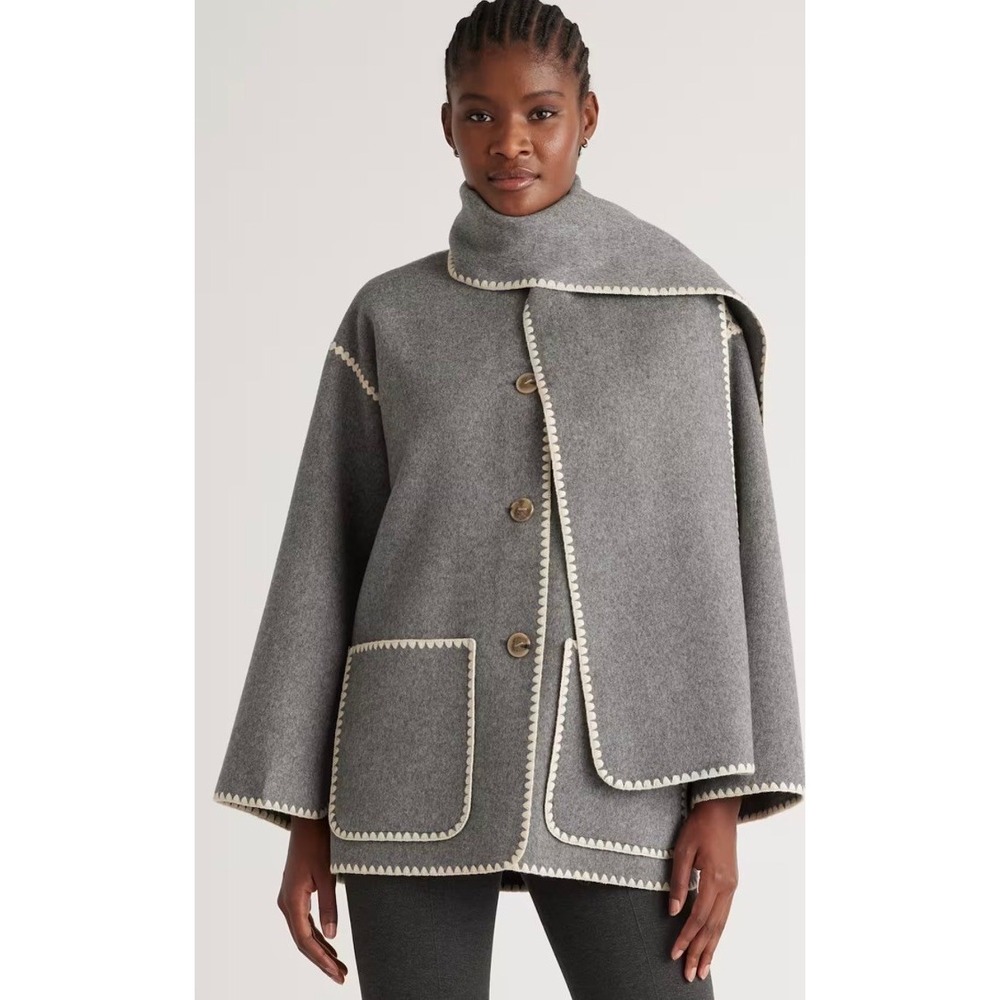 Marc New York Andrew Marc Grey Scarf Cape Jacket Blanket Stitch Scandi Style Med